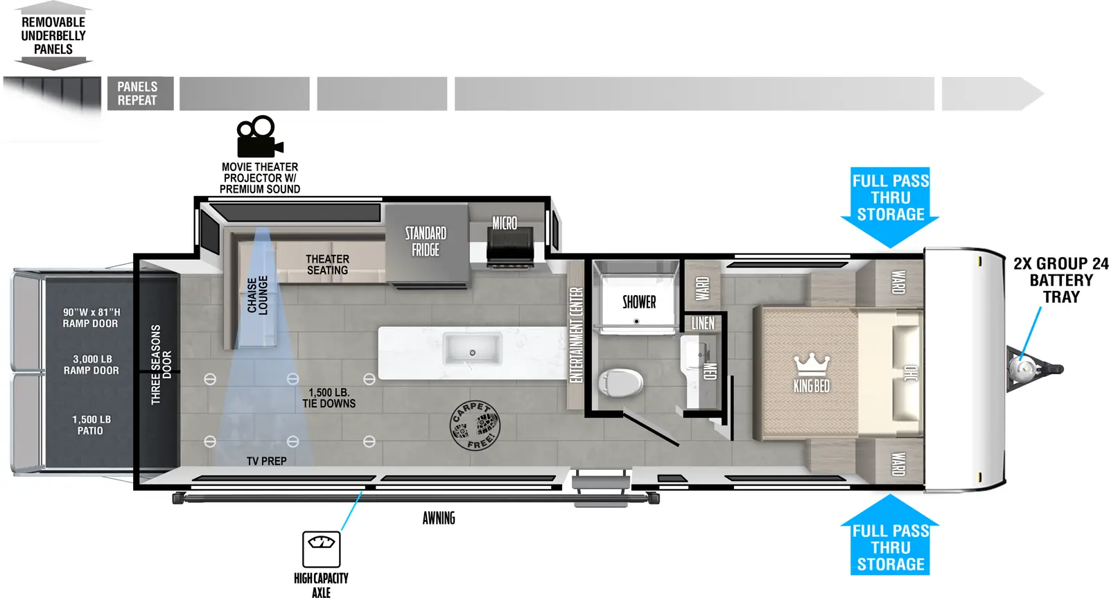 The Wildwood FSX 28VC floorplan is a toy hauler that has one entry and one slide out. Exterior features include: metal exterior. Interiors features include: front bedroom.